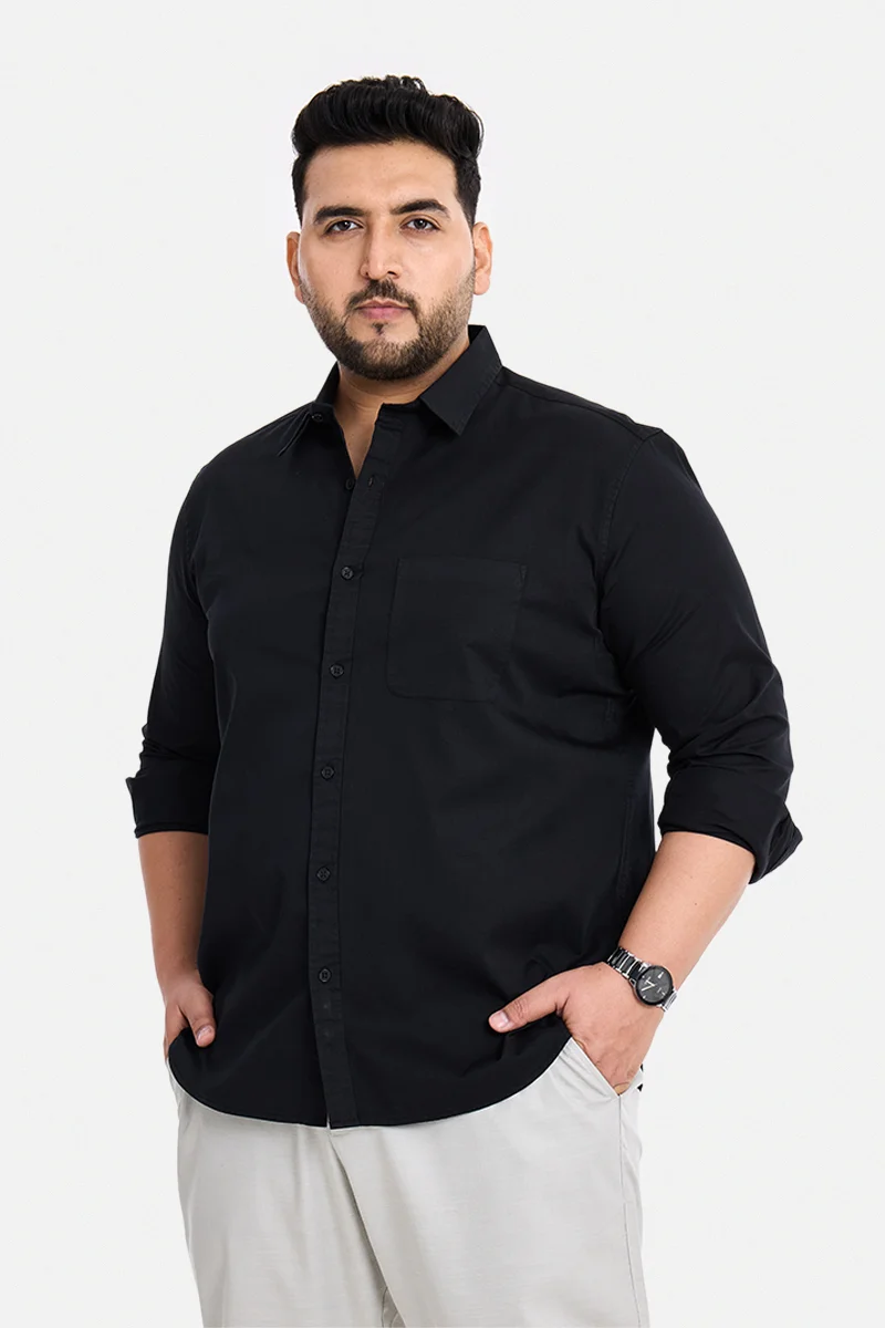 SNITCH Black Solid Long Sleeve Regular Fit Casual Plus Size Shirt