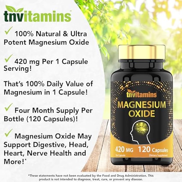 tnvitamins Magnesium Oxide 420mg - 120 Capsules | 4 Month Supply! | 100% Daily Value of Magnesium Oxide in One Capsule | Oxido de Magnesio | Non-GMO, Made in The USA - Image 3