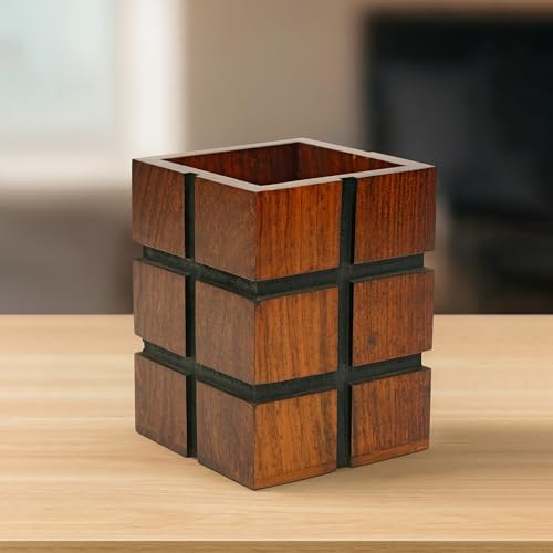 Fine Craft India Wooden Multipurpose Holder | Pen Stand, Cutlery Stand, Brush Organizer | Desktop Table Accessories for Office, Kitchen & Vanity | 4x3 Inch Handmade Organizer - Image 1