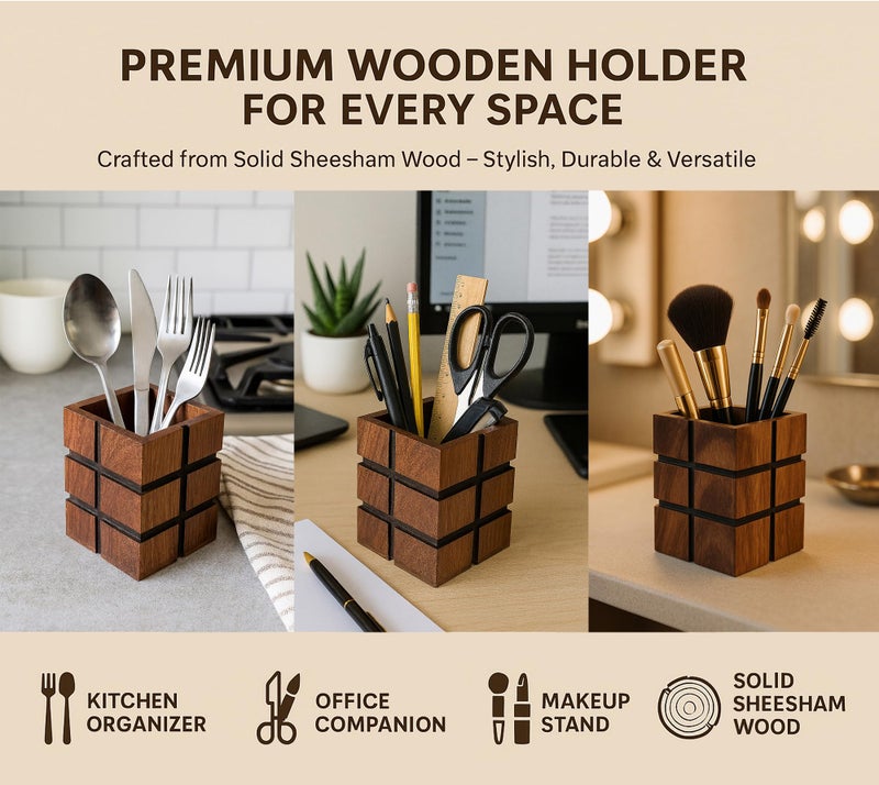 Fine Craft India Wooden Multipurpose Holder | Pen Stand, Cutlery Stand, Brush Organizer | Desktop Table Accessories for Office, Kitchen & Vanity | 4x3 Inch Handmade Organizer - Image 3