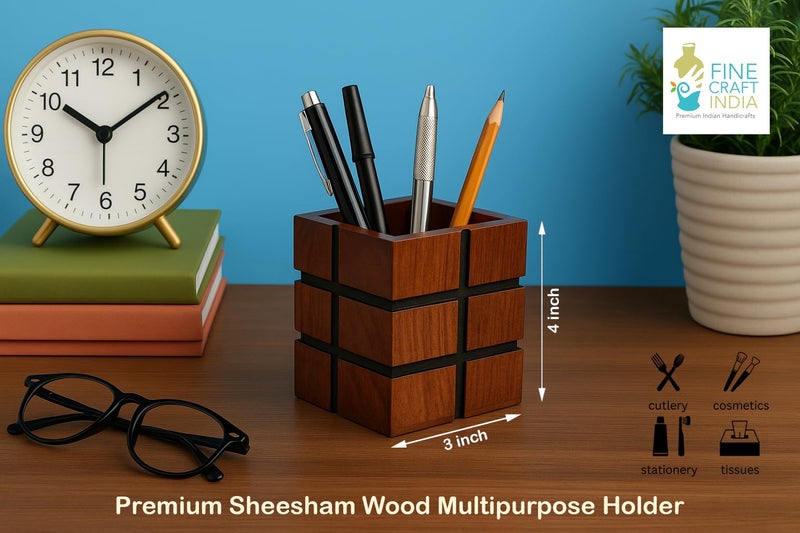 Fine Craft India Wooden Multipurpose Holder | Pen Stand, Cutlery Stand, Brush Organizer | Desktop Table Accessories for Office, Kitchen & Vanity | 4x3 Inch Handmade Organizer - Image 2