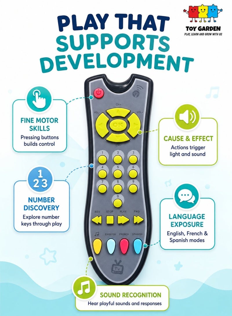 TOY GARDEN Baby TV Remote Control Learning Toy, for 18 Months+ Baby,My First Learning Toy with 3 Languages Encourage Babies and Toddlers to Learn Numbers, Educational Kids Toy(Gray Body Colored Buttons) - Image 5