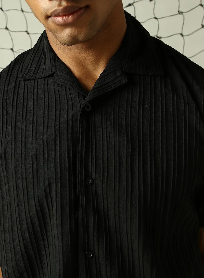 هوبرهولمي قميص رجالي أسود بوليستر سادة بأزرار مقاس كبير