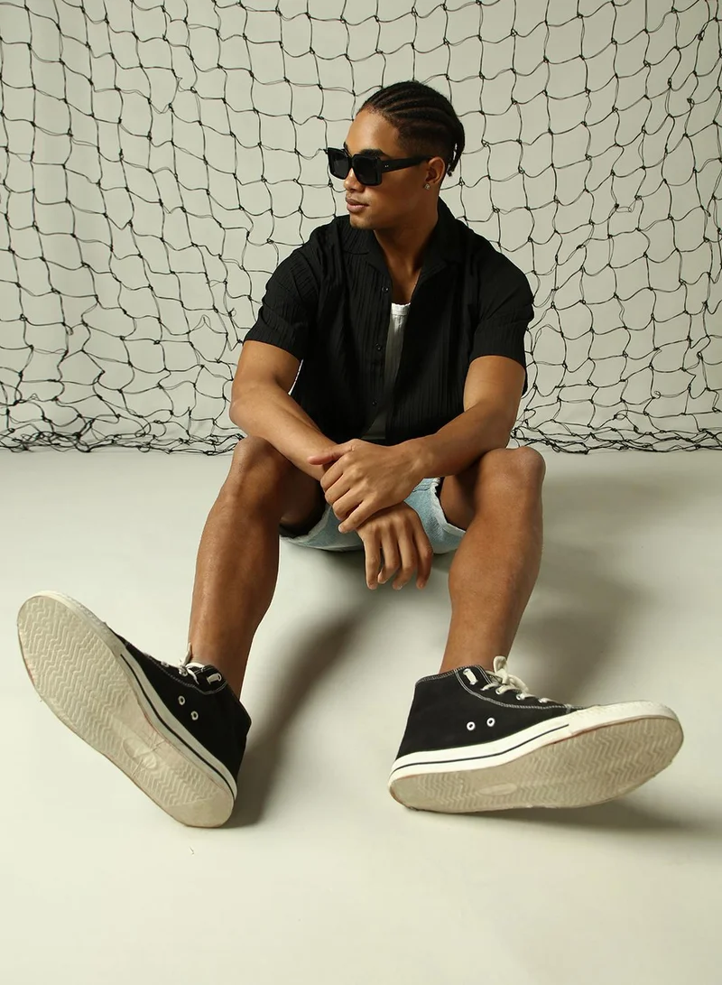 هوبرهولمي قميص رجالي أسود بوليستر سادة بأزرار مقاس كبير