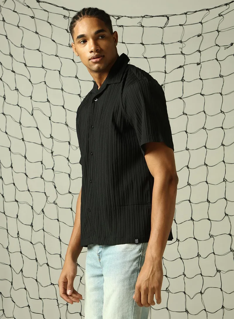 هوبرهولمي قميص رجالي أسود بوليستر سادة بأزرار مقاس كبير