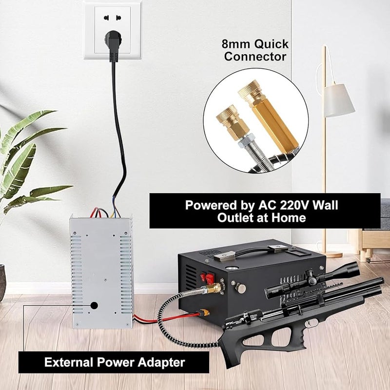 HOOMFIT PCP portable air compressor, PCP compressor pump, 4500Psi/30Mpa, without oil and water cooling, built-in cooling fan, 12V DC/220V dual power supply - Image 3