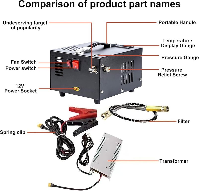 HOOMFIT PCP portable air compressor, PCP compressor pump, 4500Psi/30Mpa, without oil and water cooling, built-in cooling fan, 12V DC/220V dual power supply - Image 5