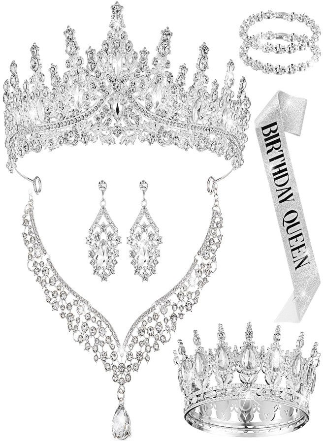 Tondiamo 8 Pcs Crowns and Tiaras Jewelry Sets Costume Jewelry for Women Crystal Earrings Necklace Bracelet Rhinestone Queen Headband Birthday Wedding Bridal Pageant Party Ceremony Cake Topper - Image 1