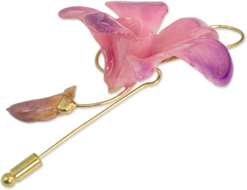 NOVICA Handmade Gold Plated Pin  Artisan Crafted Brooch  Natural Flower Design  Gold Plated Dendrobium Orchid  Long Needle  Suit Coat Accessory  Thailand Floral  Eternal Orchid 3 L x 18 W x - Image 3