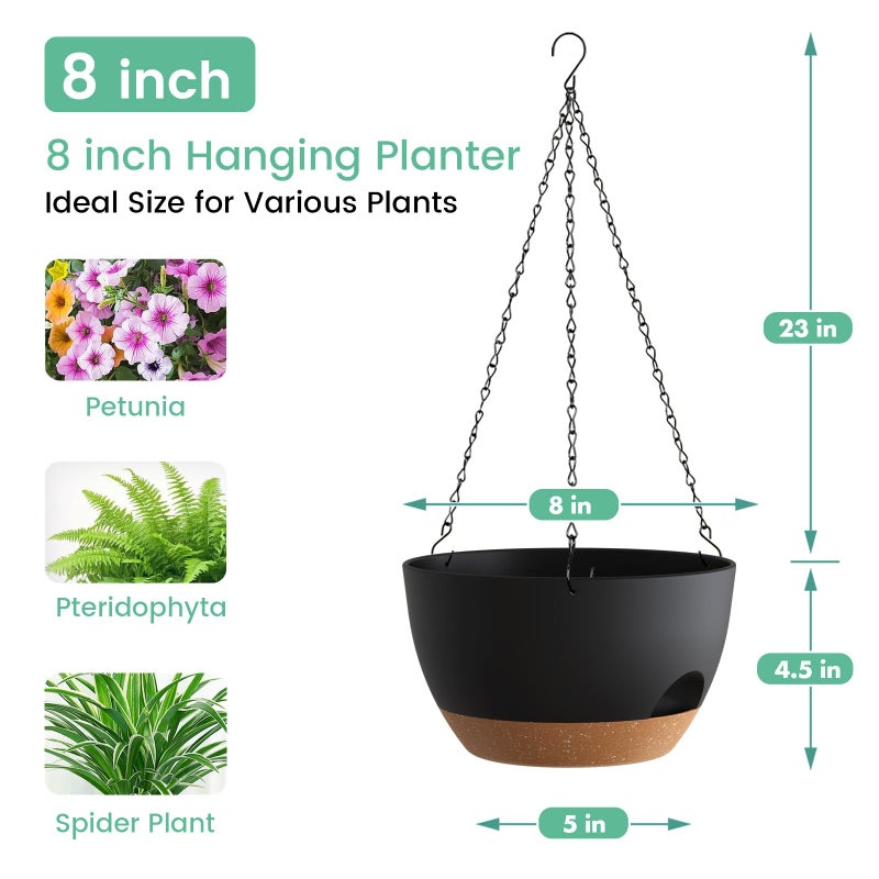 UOUZ 4 Pack 8 Inch Self Watering Hanging Planters for Indoor Outdoor Plantsï¼ŒHanging Pots for Plants with Drainage Removable Tray, Hanging Baskets Flower Pots for Pothos Spider Garden Black with Brown - Image 3