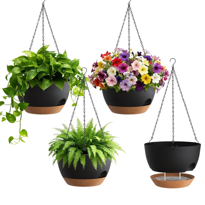 UOUZ 4 Pack 8 Inch Self Watering Hanging Planters for Indoor Outdoor Plantsï¼ŒHanging Pots for Plants with Drainage Removable Tray, Hanging Baskets Flower Pots for Pothos Spider Garden Black with Brown - Image 1
