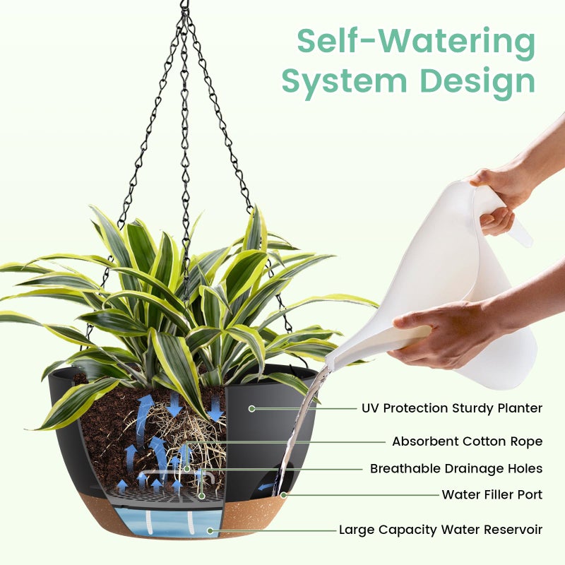 UOUZ 4 Pack 8 Inch Self Watering Hanging Planters for Indoor Outdoor Plantsï¼ŒHanging Pots for Plants with Drainage Removable Tray, Hanging Baskets Flower Pots for Pothos Spider Garden Black with Brown - Image 4