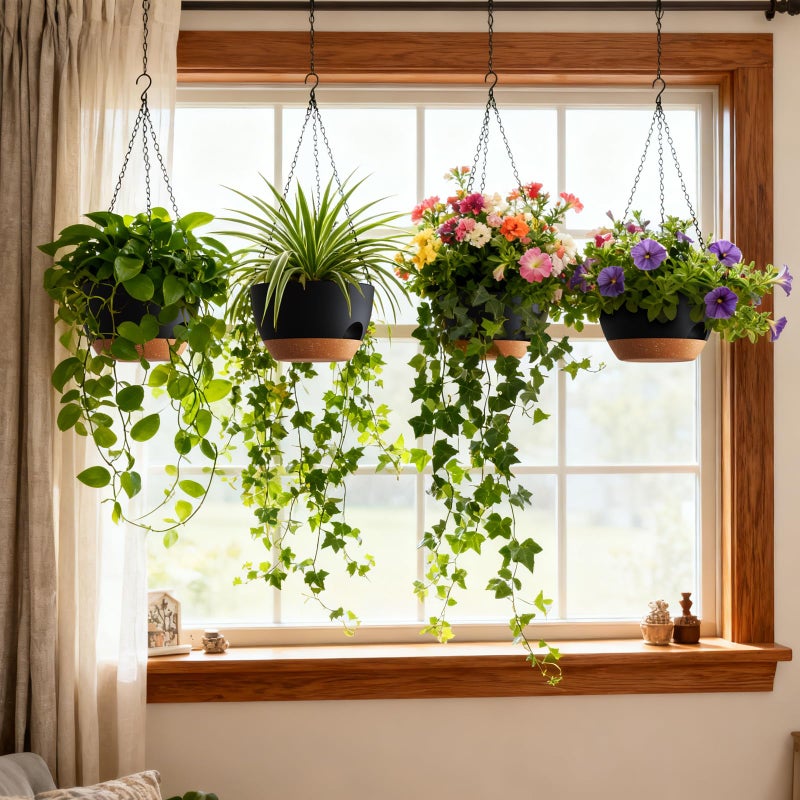 UOUZ 4 Pack 8 Inch Self Watering Hanging Planters for Indoor Outdoor Plantsï¼ŒHanging Pots for Plants with Drainage Removable Tray, Hanging Baskets Flower Pots for Pothos Spider Garden Black with Brown - Image 2