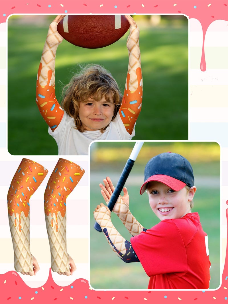 JaGely 16 Pairs Ice Cream Arm Sleeves for Kids UV Sun Protection Football Basketball Baseball Compression Long Sleeves Youth (Ice Cream with Thumb Hole,8-10 Years) - Image 2