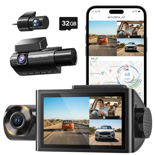 WOLFBOX i07 3 Channel Dash Cam for Car with WiFi GPS, 1440P + 1080P + 1080P Triple Car Dash Camera, 3" LCD, IR Night View, 24H Parking Monitor, 32GB Card Included - Image 1
