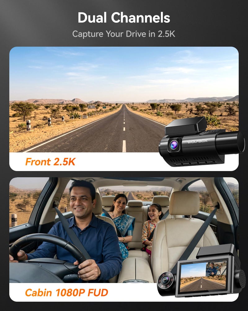 WOLFBOX i07 3 Channel Dash Cam for Car with WiFi GPS, 1440P + 1080P + 1080P Triple Car Dash Camera, 3" LCD, IR Night View, 24H Parking Monitor, 32GB Card Included - Image 3
