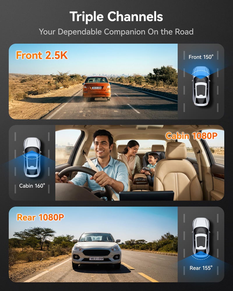 WOLFBOX i07 3 Channel Dash Cam for Car with WiFi GPS, 1440P + 1080P + 1080P Triple Car Dash Camera, 3" LCD, IR Night View, 24H Parking Monitor, 32GB Card Included - Image 2