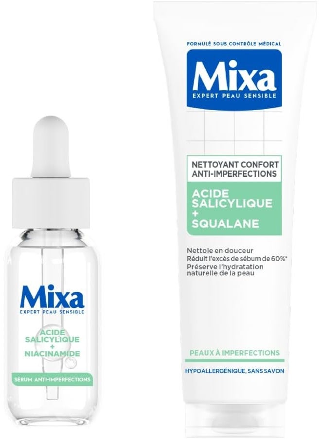 Mixa - Blemish Serum + Comforting Cleanser Against Impurities - with Salicylic Acid and Squalane - for Combination and Oily Skin