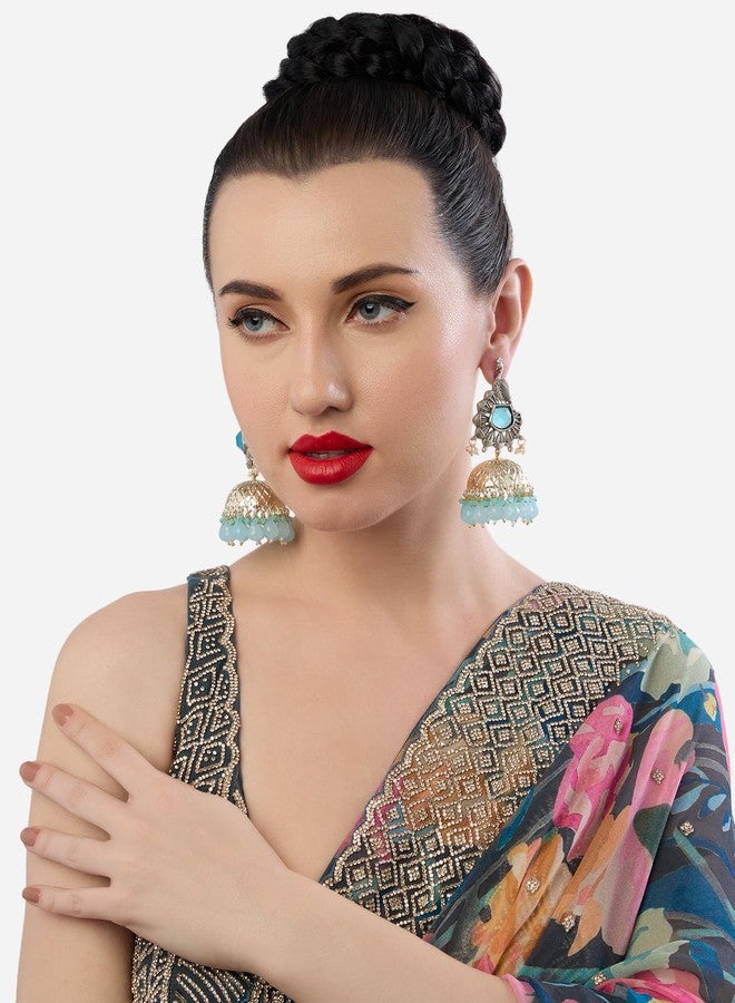 Zaveri Pearls Pastel Blue Stones Beads Embellished Two Tone Peacock Statement Jhumka Earring For Women-ZPFK19080 - Image 5