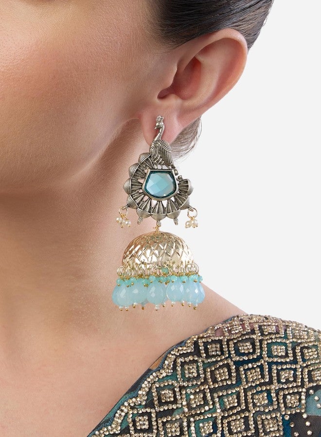 Zaveri Pearls Pastel Blue Stones Beads Embellished Two Tone Peacock Statement Jhumka Earring For Women-ZPFK19080 - Image 3
