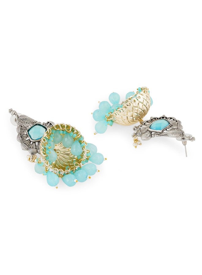 Zaveri Pearls Pastel Blue Stones Beads Embellished Two Tone Peacock Statement Jhumka Earring For Women-ZPFK19080 - Image 4