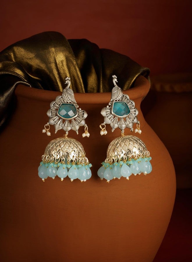Zaveri Pearls Pastel Blue Stones Beads Embellished Two Tone Peacock Statement Jhumka Earring For Women-ZPFK19080 - Image 2