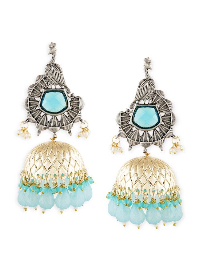 Zaveri Pearls Pastel Blue Stones Beads Embellished Two Tone Peacock Statement Jhumka Earring For Women-ZPFK19080 - Image 1