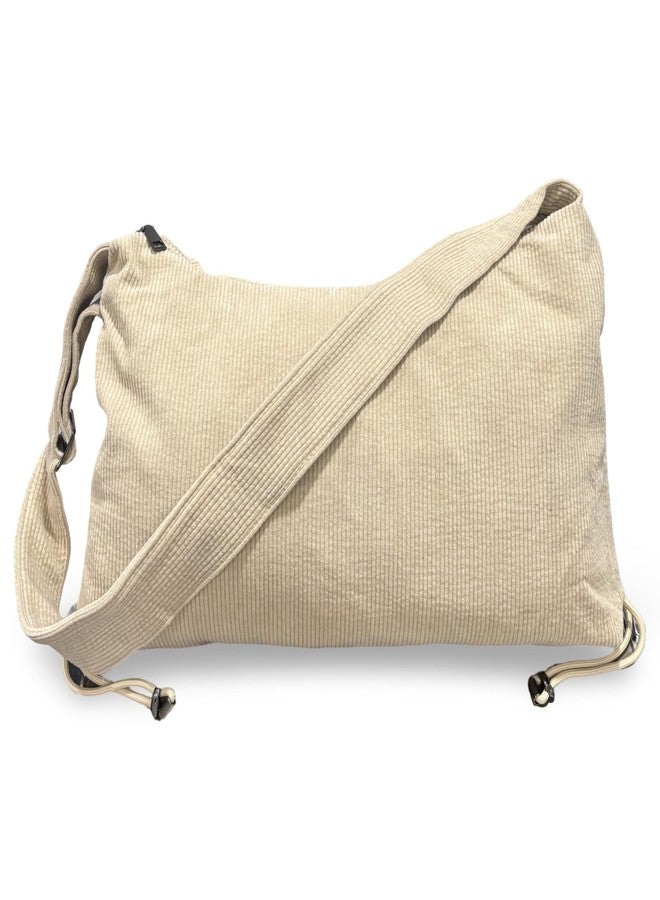GLOSSY Corduroy Crossbody Sling Bag for Women | Adjustable Wide Strap | Spacious Zip Compartment (Beige) - Image 4