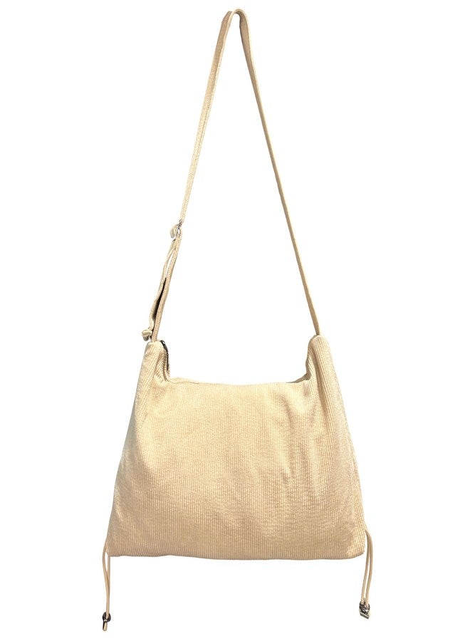 GLOSSY Corduroy Crossbody Sling Bag for Women | Adjustable Wide Strap | Spacious Zip Compartment (Beige) - Image 1