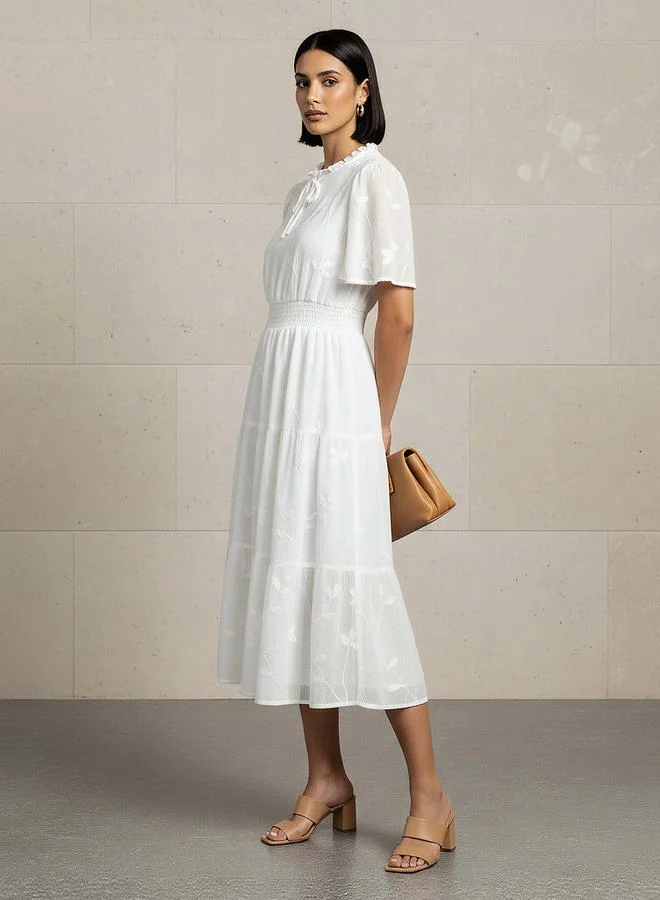 Splash FAV Embroidered Tiered Midi Viscose Dress with Flutter Sleeves