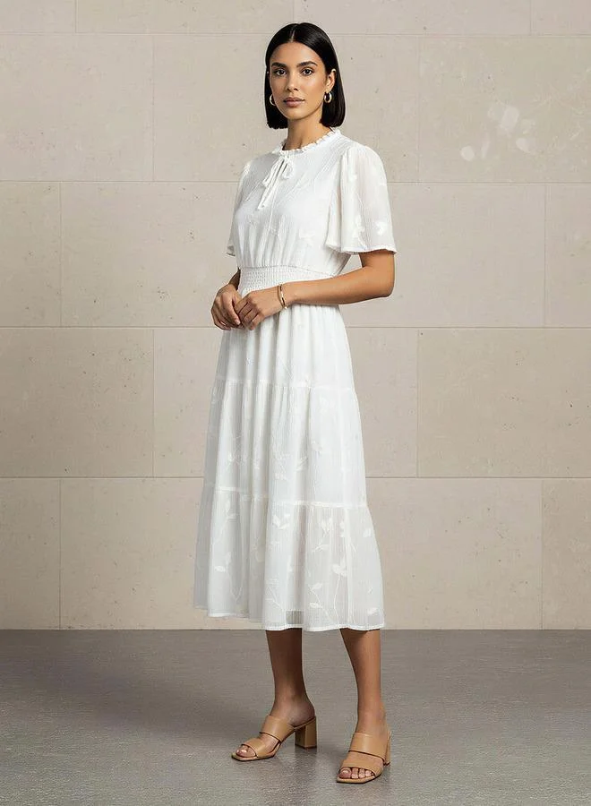 Splash FAV Embroidered Tiered Midi Viscose Dress with Flutter Sleeves