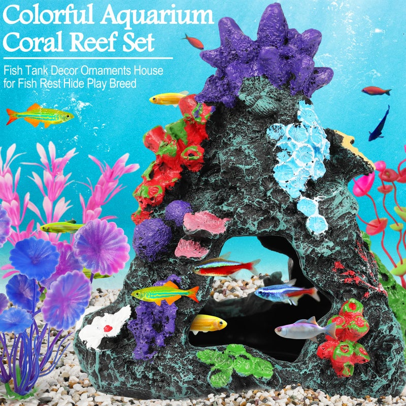 MyLifeUNIT Fish Tank Plants, 7 Pieces Colorful Aquarium Plants and Coral Reef Set for Fish Tank Decoration, Mountain Cave Ornament for Betta, Goldfish to Breed, Play and Rest - Image 3
