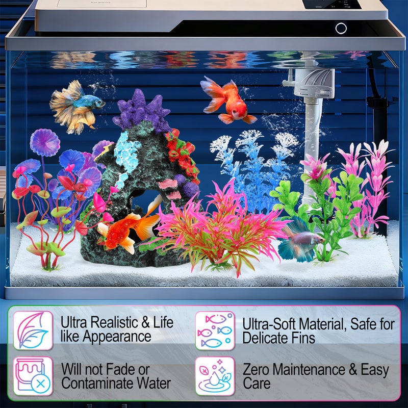 MyLifeUNIT Fish Tank Plants, 7 Pieces Colorful Aquarium Plants and Coral Reef Set for Fish Tank Decoration, Mountain Cave Ornament for Betta, Goldfish to Breed, Play and Rest - Image 4