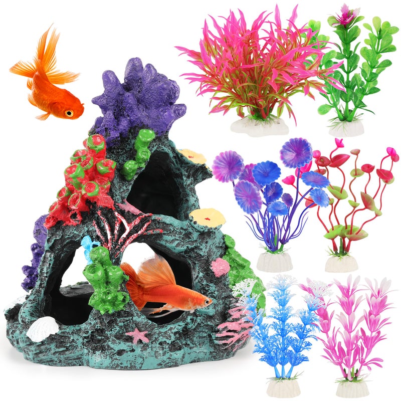 MyLifeUNIT Fish Tank Plants, 7 Pieces Colorful Aquarium Plants and Coral Reef Set for Fish Tank Decoration, Mountain Cave Ornament for Betta, Goldfish to Breed, Play and Rest - Image 1