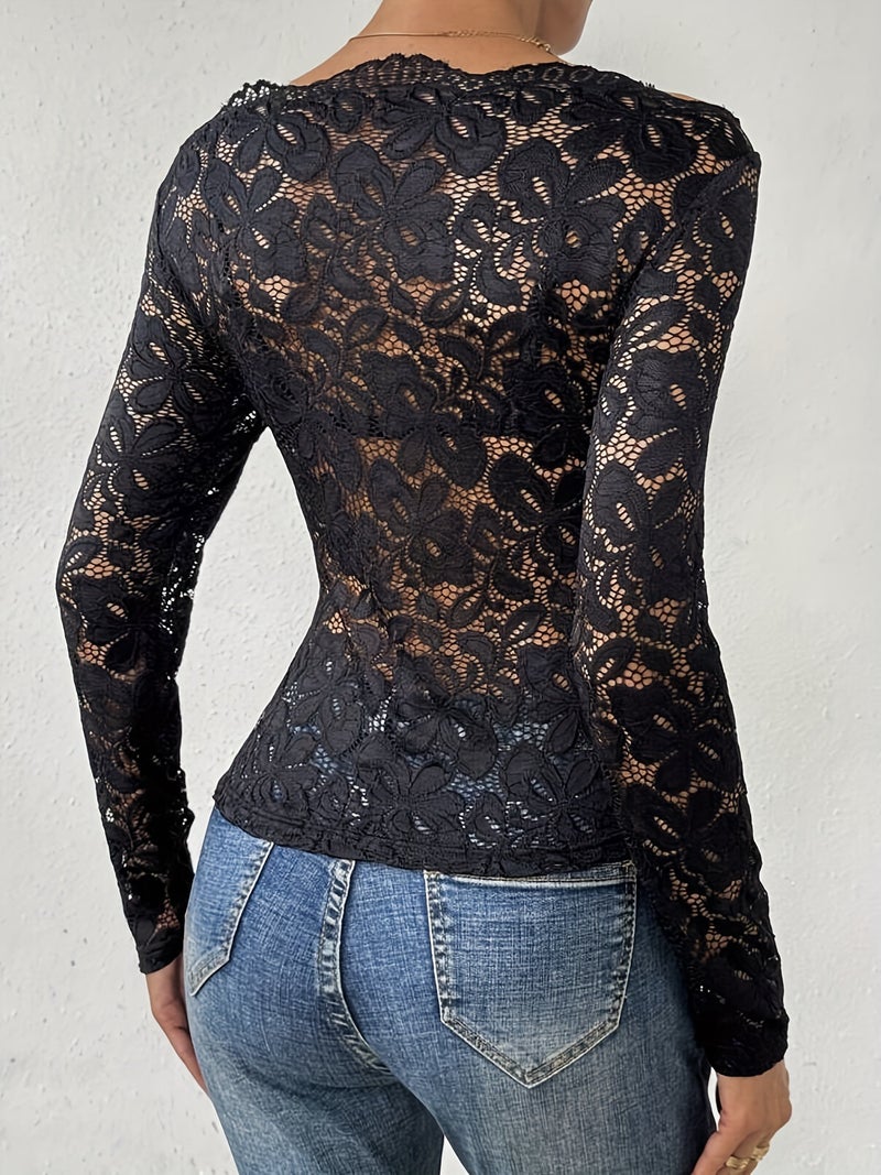 Scoop Neck Off Shoulder Single Layer Lace Slim Fit Long Sleeve T-Shirt Blouse - Image 3