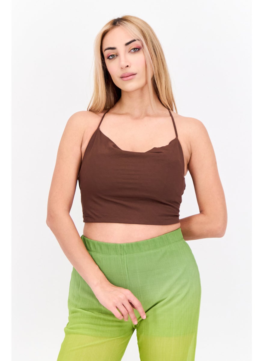 MANGO Women Cowl Neck Sleeveless Solid Tank Top, Brown  - Image 1