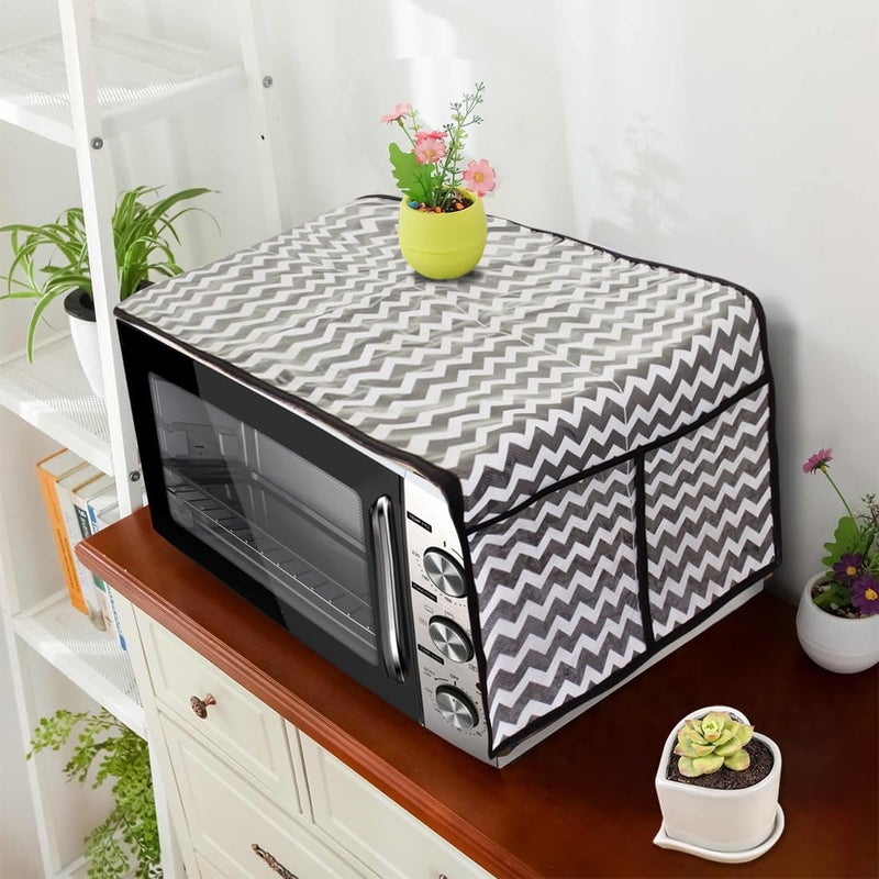 UMAAMAR ENTERPRISES Microwave Oven Top Dustproof Cover Protector Decorative Kitchen Appliance Cover with Side 4 Utility Pockets Free Size 13 x 40 inches Wave Black - Image 2