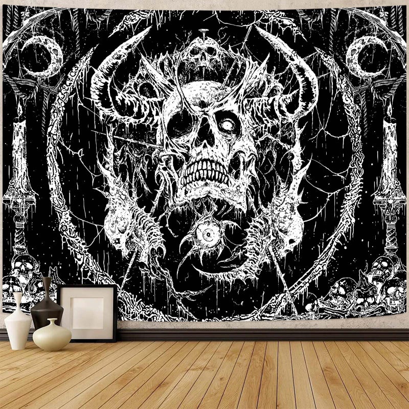 Lifeella Skull Tapestry, Gothic Horror Moon Skeleton Mystic Dark Tapestries for Bedroom Grunge Wall Hanging Black and White 44 x 60 inch - Image 1