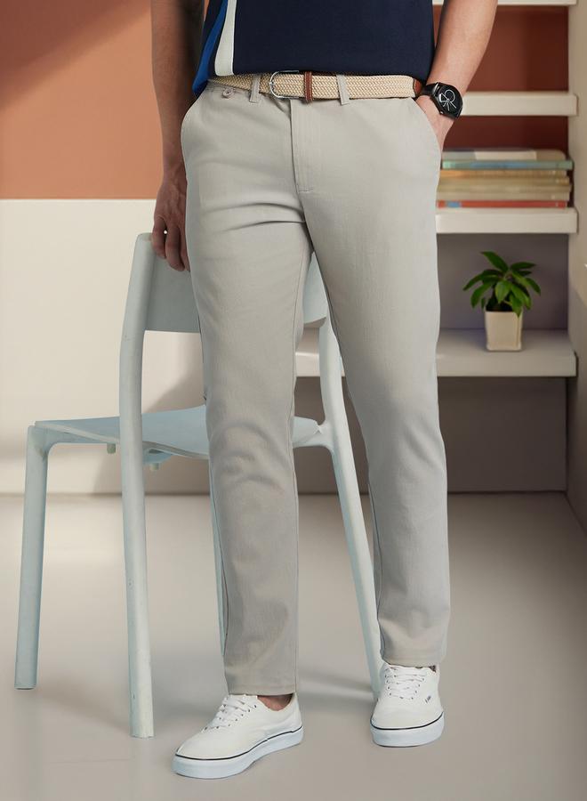 Dennis Lingo Men's Light Grey 100% Cotton Solid Pattern Chinos Straight Fit Trouser  - Image 2