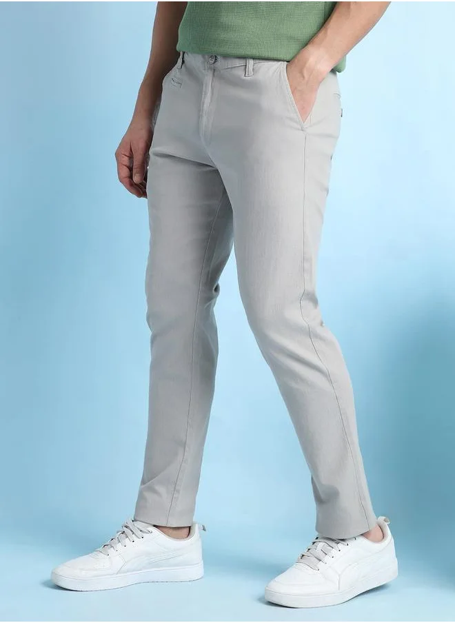 دينيس لينغو Sophisticated Light Grey Straight Fit Chinos for Men featuring coin pocket detailing, made from a breathable and stretchable fabric for a stylish look.