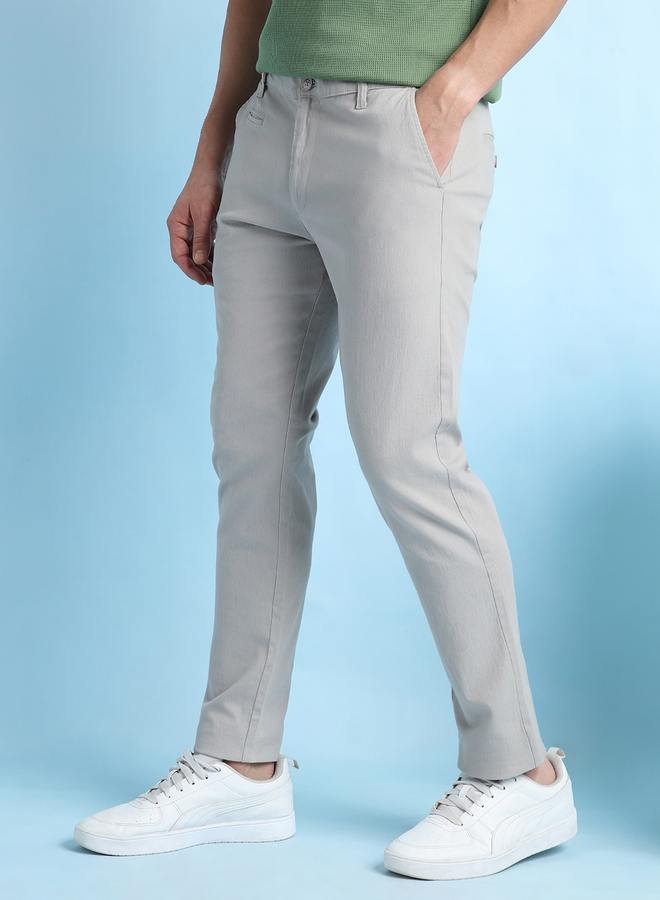 Dennis Lingo Men's Light Grey 100% Cotton Solid Pattern Chinos Straight Fit Trouser  - Image 3