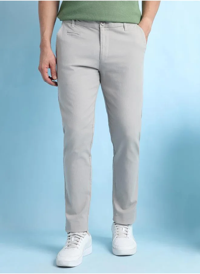 دينيس لينغو Sophisticated Light Grey Straight Fit Chinos for Men featuring coin pocket detailing, made from a breathable and stretchable fabric for a stylish look.