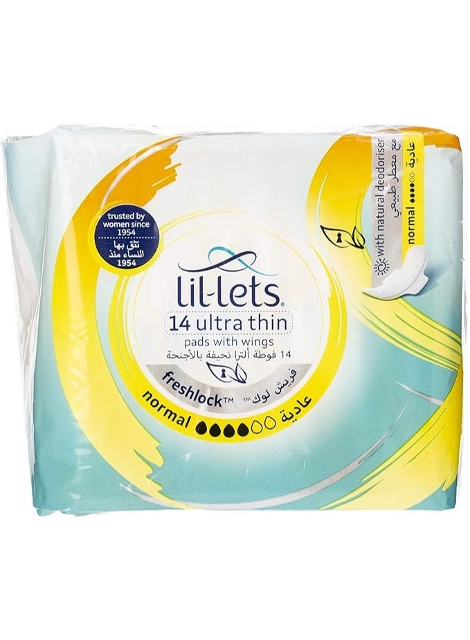 Lil-Lets فوط ليل-ليتس فريشلوك العادية - رقيقة جداً مع أجنحة مزيل روائح طبيعي إحساس قطن ناعم للغاية - حماية ضد التسرب راحة مذهلة خالية من العطور 14 وحدة - Image 1