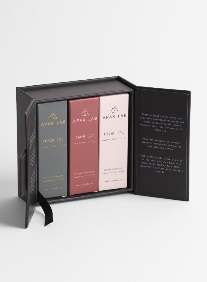 APAX LAB Nano, Mineral Concentrates to Enhance Attributes of Coffee - Tonik, Jamm, Lylac, Box Set of 3, 20ml each - Image 1