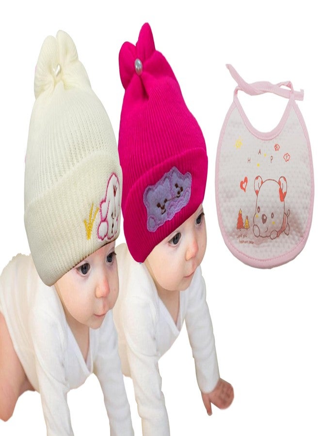 COOL INDIANS Combo of Baby Winter Cap & Baby Bibs | New Born Baby Kid's Cap | Cotton Baby Bibs/Baby Apron with Titch Button I Woolen Cap for Kid's Boy's & Girl's (0-3 Months, Beige D.Pink) - Image 1