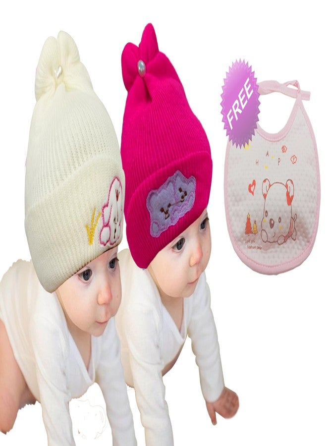 COOL INDIANS Combo of Baby Winter Cap & Baby Bibs | New Born Baby Kid's Cap | Cotton Baby Bibs/Baby Apron with Titch Button I Woolen Cap for Kid's Boy's & Girl's (0-3 Months, Beige D.Pink) - Image 2