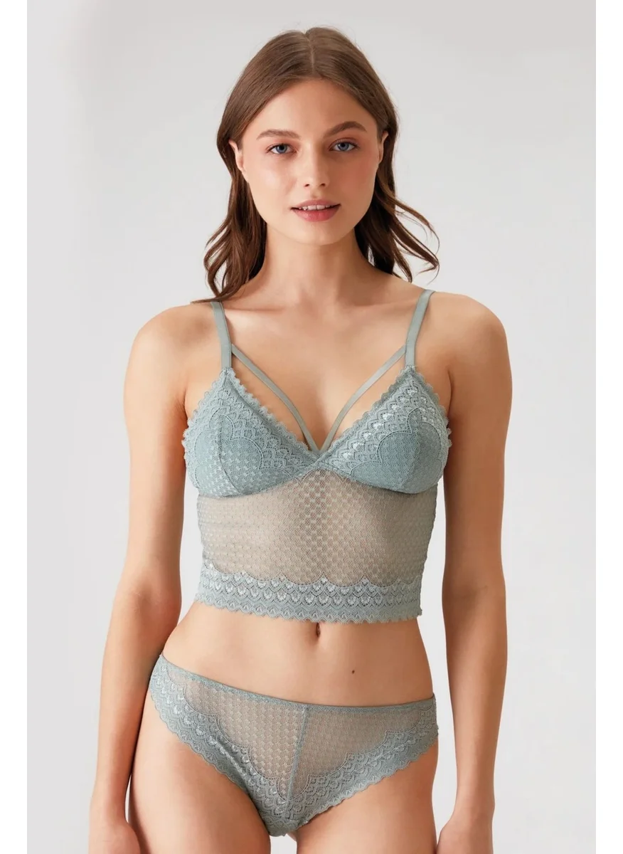 بيير كاردان 4831 Women's Padded Non-Wireless Lace Bralette Bra Panty Set-Mint