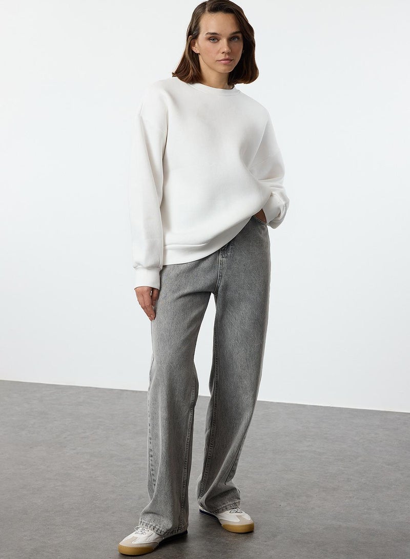 trendyol Ecru Oversize Crew Neck Fleece Thick Sweatshirt - - Image 2