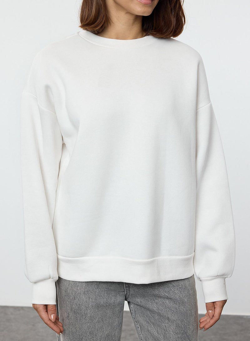 trendyol Ecru Oversize Crew Neck Fleece Thick Sweatshirt - - Image 3