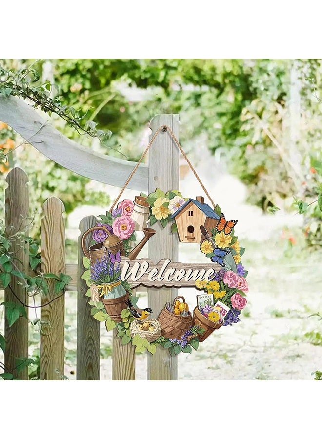 أخبار لافتات ترحيبية للباب الأمامي، إكليل ترحيبي ملون، لوحة جدارية معلقة، ديكور حائط خشبي مزين بالزهور، لوحة خشبية للحديقة، ديكور منزلي للشرفة الخارجية، علاقة بوابة الحديقة، لافتات منزل ريفي للخارج - Image 5
